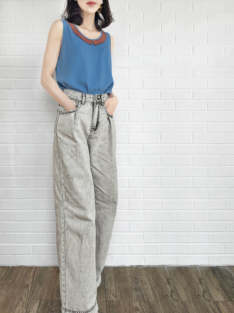 Final Sale! Vintage Blue Contrasted Collar Tank Sleeveless Longline Top