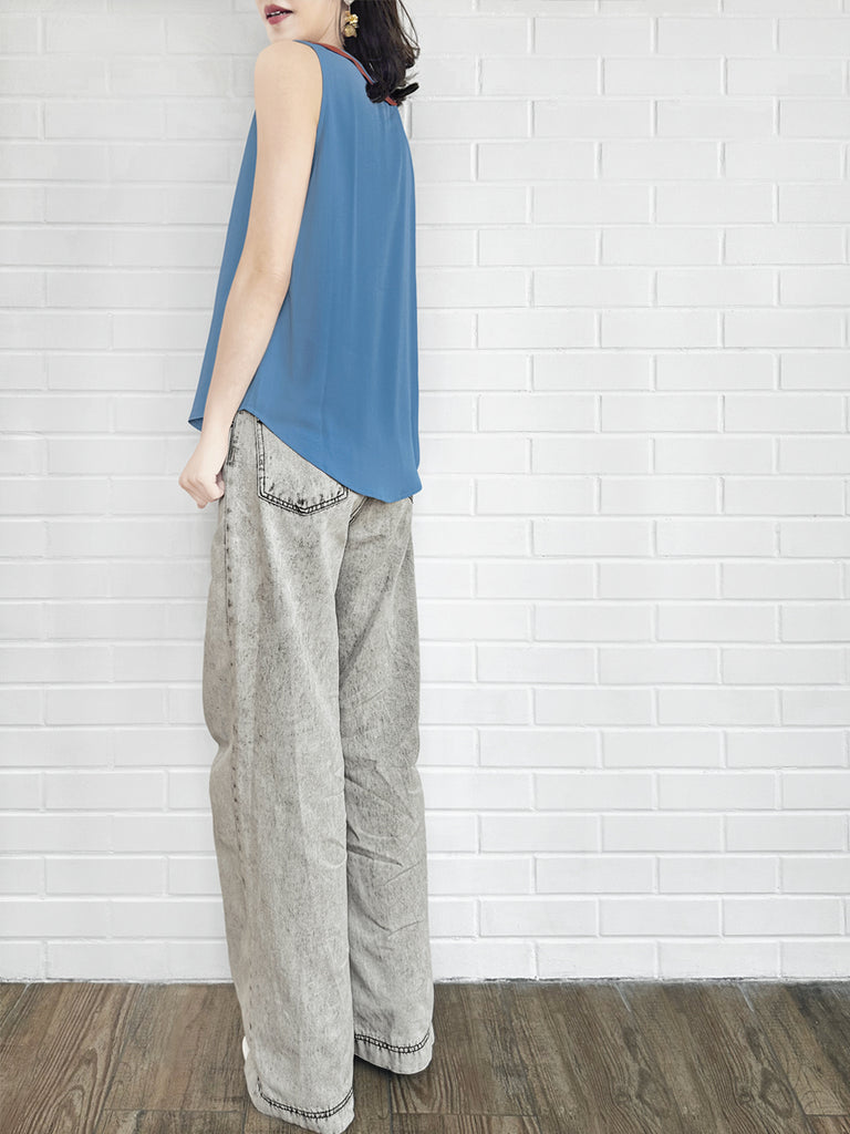 Final Sale! Vintage Blue Contrasted Collar Tank Sleeveless Longline Top