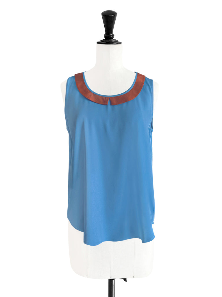 Final Sale! Vintage Blue Contrasted Collar Tank Sleeveless Longline Top