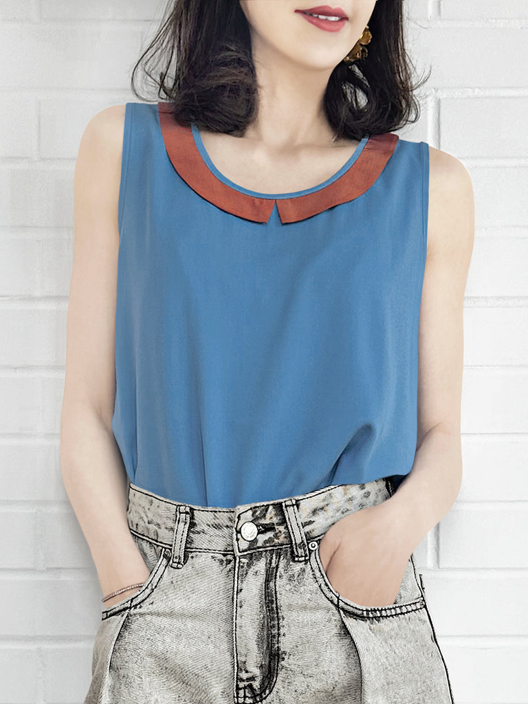Final Sale! Vintage Blue Contrasted Collar Tank Sleeveless Longline Top