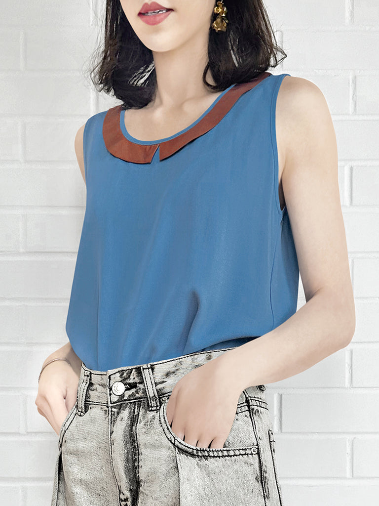 Final Sale! Vintage Blue Contrasted Collar Tank Sleeveless Longline Top