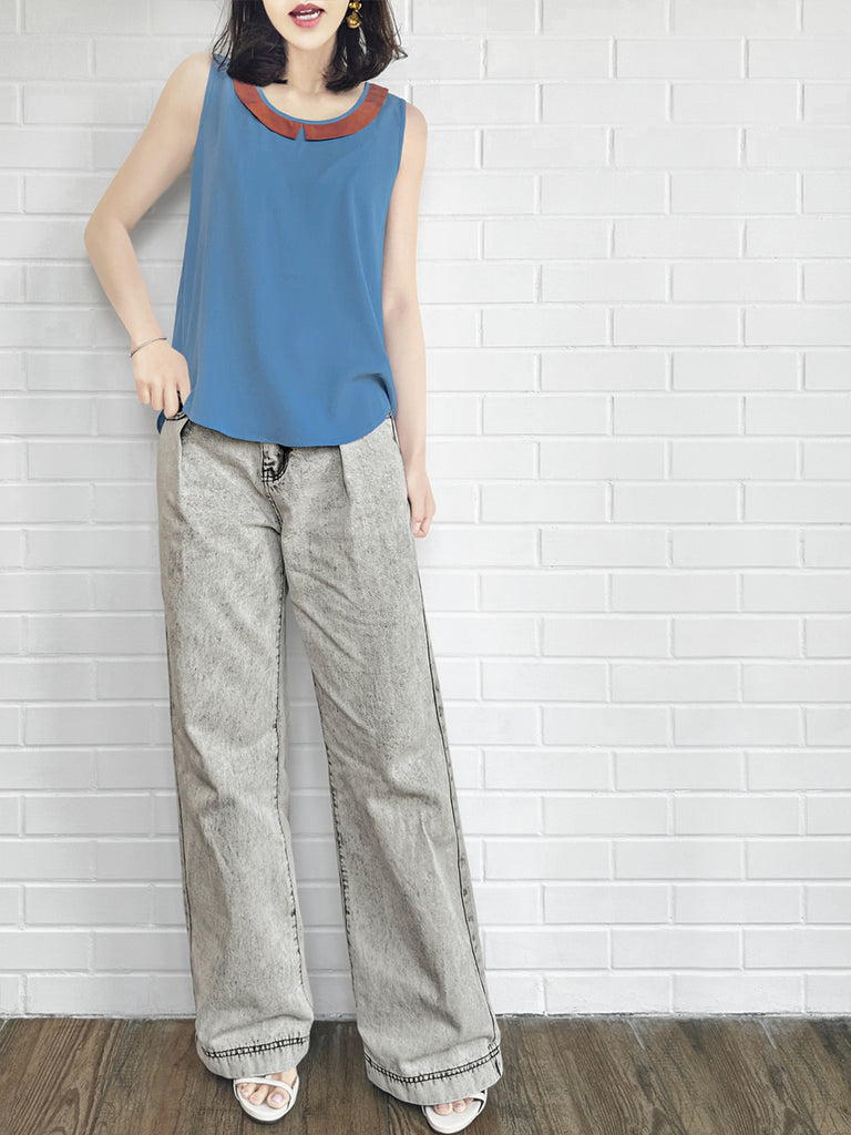 Final Sale! Vintage Blue Contrasted Collar Tank Sleeveless Longline Top