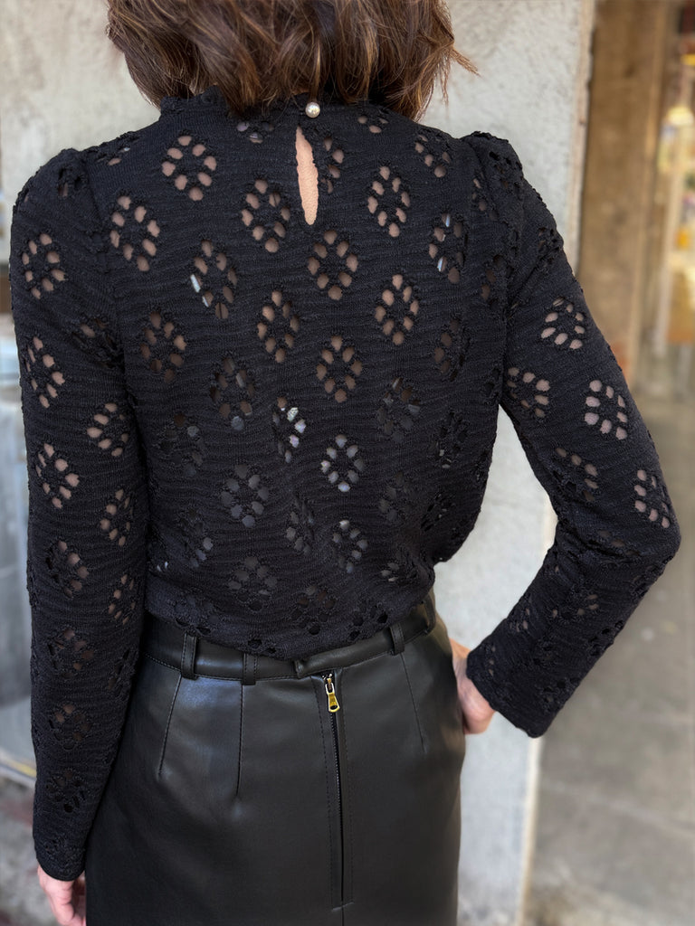 Final Sale! Black Ruffle Collared Openwork Cotton Blend Knitted Top