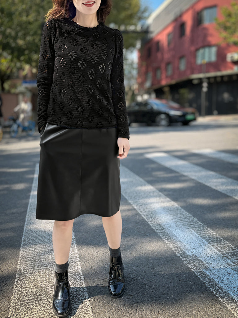 Final Sale! Black Ruffle Collared Openwork Cotton Blend Knitted Top