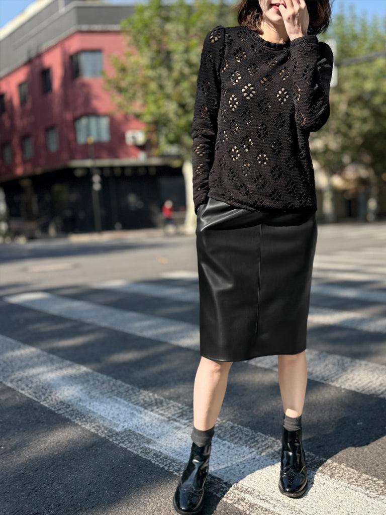 Final Sale! Black Ruffle Collared Openwork Cotton Blend Knitted Top