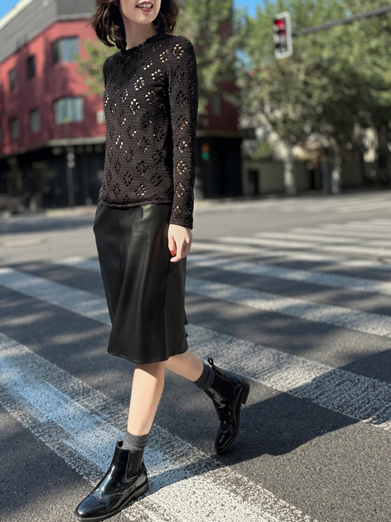 Final Sale! Black Ruffle Collared Openwork Cotton Blend Knitted Top