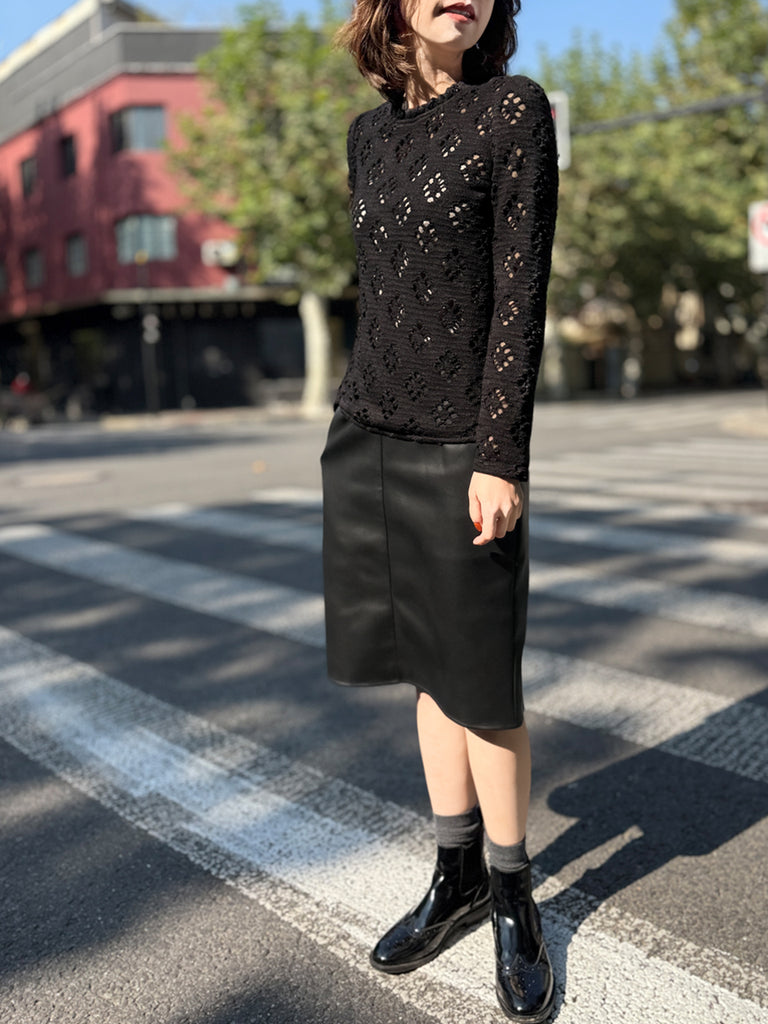 Final Sale! Black Ruffle Collared Openwork Cotton Blend Knitted Top