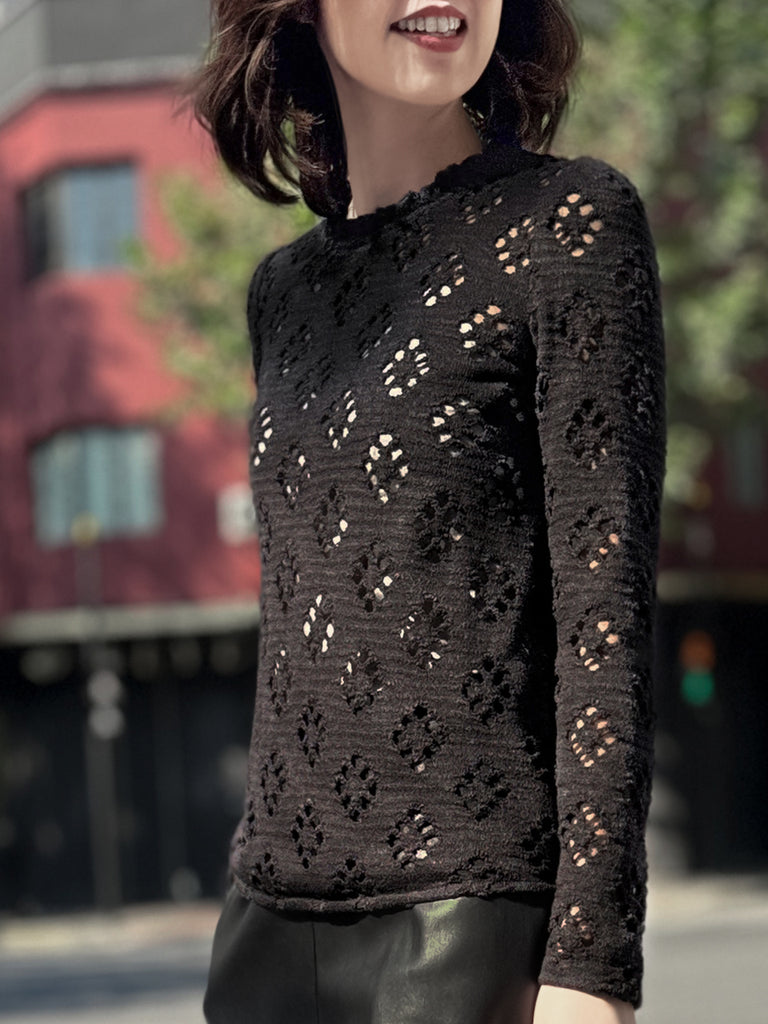 Final Sale! Black Ruffle Collared Openwork Cotton Blend Knitted Top