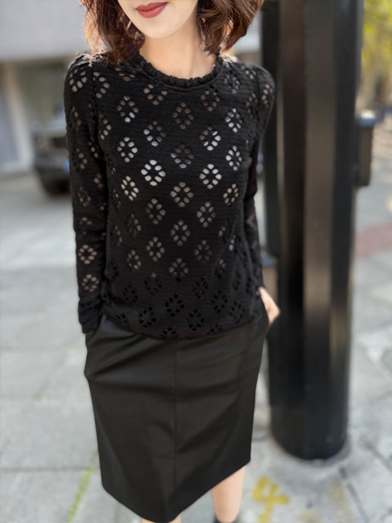 Final Sale! Black Ruffle Collared Openwork Cotton Blend Knitted Top