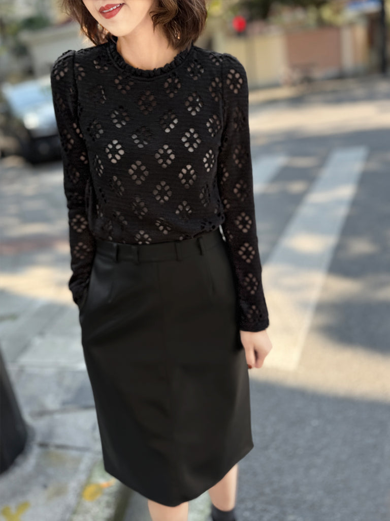 Final Sale! Black Ruffle Collared Openwork Cotton Blend Knitted Top