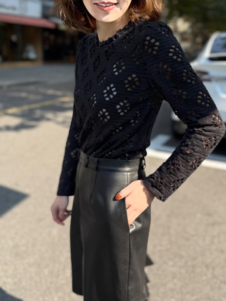 Final Sale! Black Ruffle Collared Openwork Cotton Blend Knitted Top