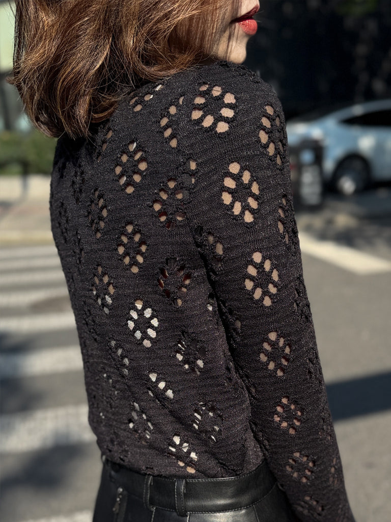 Final Sale! Black Ruffle Collared Openwork Cotton Blend Knitted Top