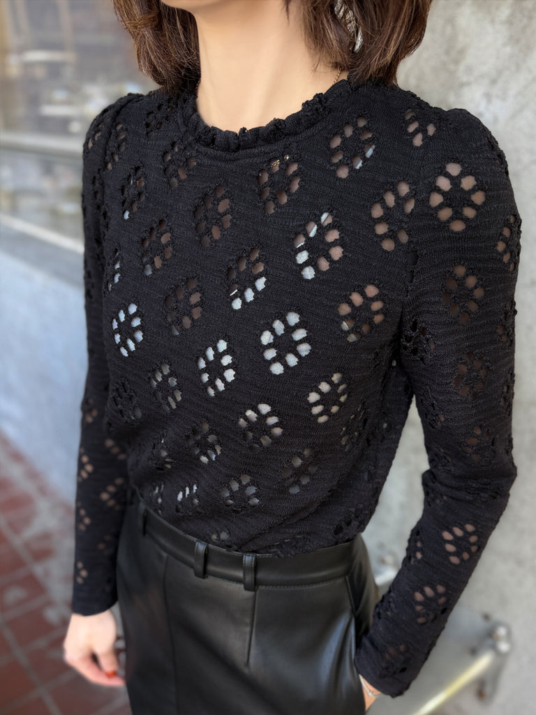 Final Sale! Black Ruffle Collared Openwork Cotton Blend Knitted Top