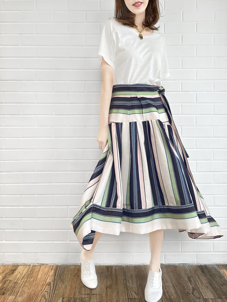 Final Sale! Pastel Stripes Tie-Waist Tiered High/Low Skirt