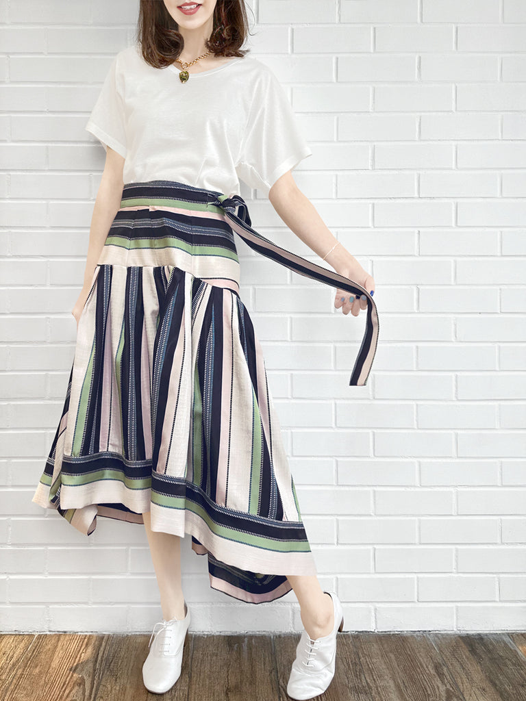 Final Sale! Pastel Stripes Tie-Waist Tiered High/Low Skirt