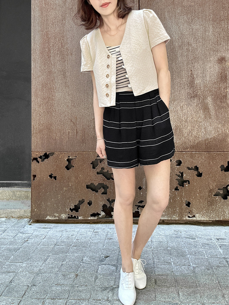 Surprise Sale! Black Stripe Pleated Detail Breezy Light-weighted Shorts