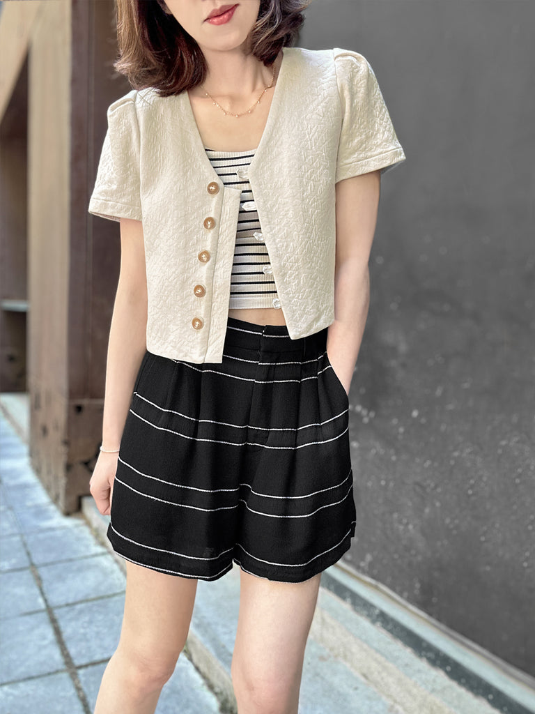 Surprise Sale! Black Stripe Pleated Detail Breezy Light-weighted Shorts