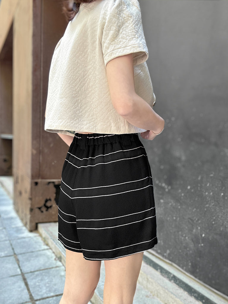 Surprise Sale! Black Stripe Pleated Detail Breezy Light-weighted Shorts
