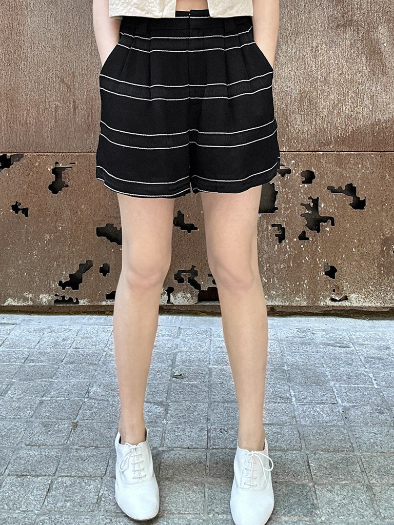 Surprise Sale! Black Stripe Pleated Detail Breezy Light-weighted Shorts