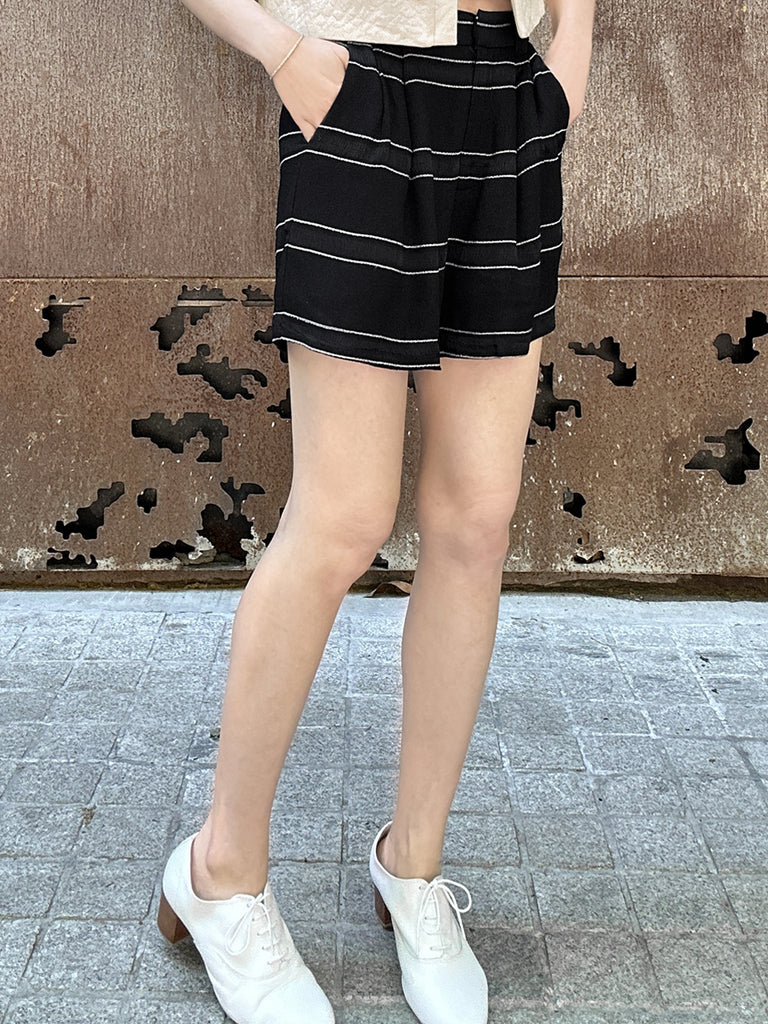 Surprise Sale! Black Stripe Pleated Detail Breezy Light-weighted Shorts