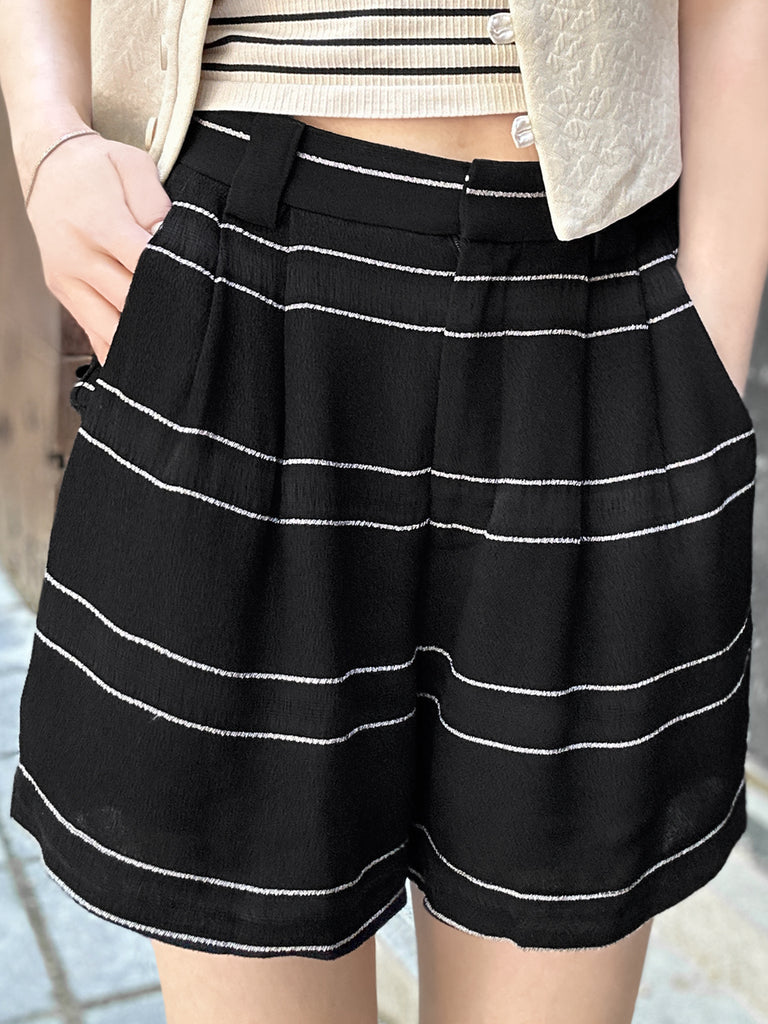 Surprise Sale! Black Stripe Pleated Detail Breezy Light-weighted Shorts