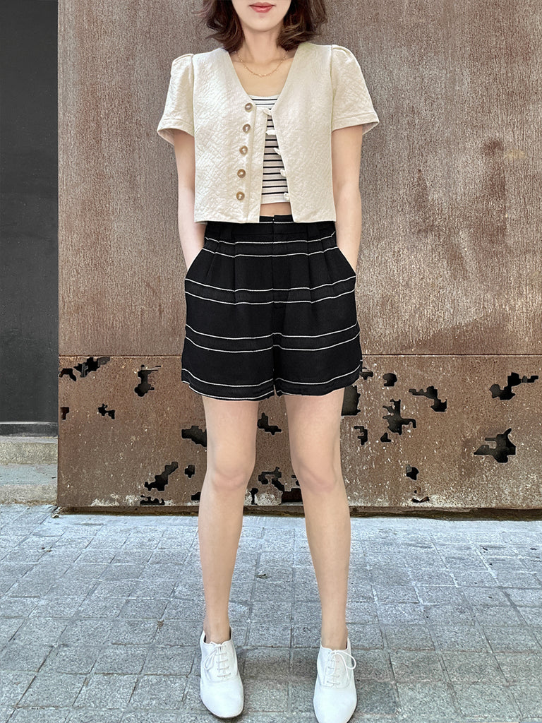 Surprise Sale! Black Stripe Pleated Detail Breezy Light-weighted Shorts