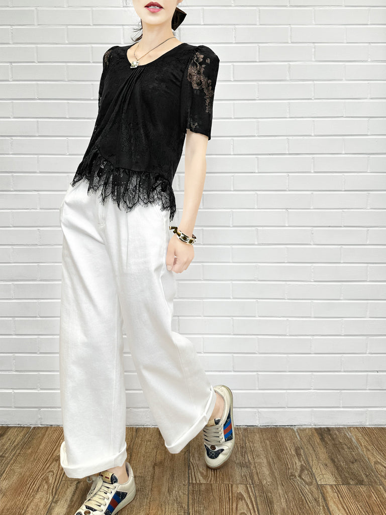 優雅黑色花卉蕾絲褶襉荷葉邊襯衫