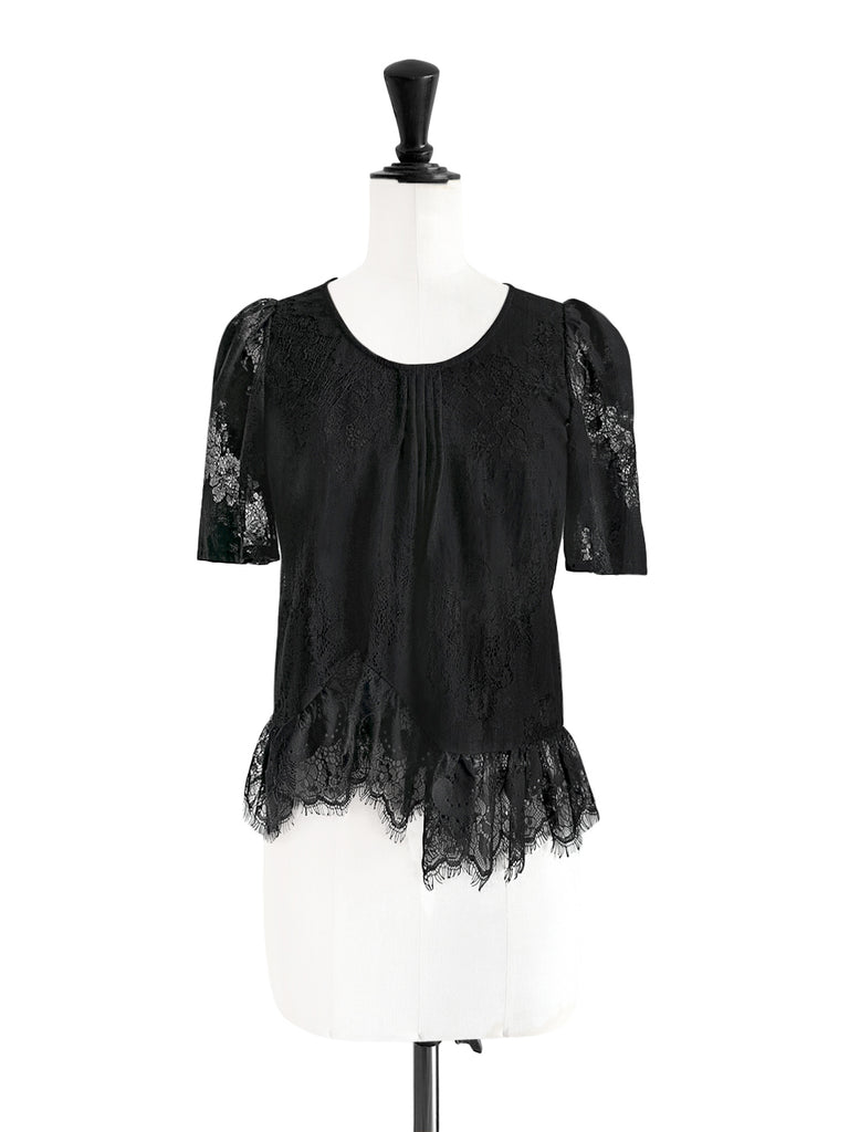 優雅黑色花卉蕾絲褶襉荷葉邊襯衫