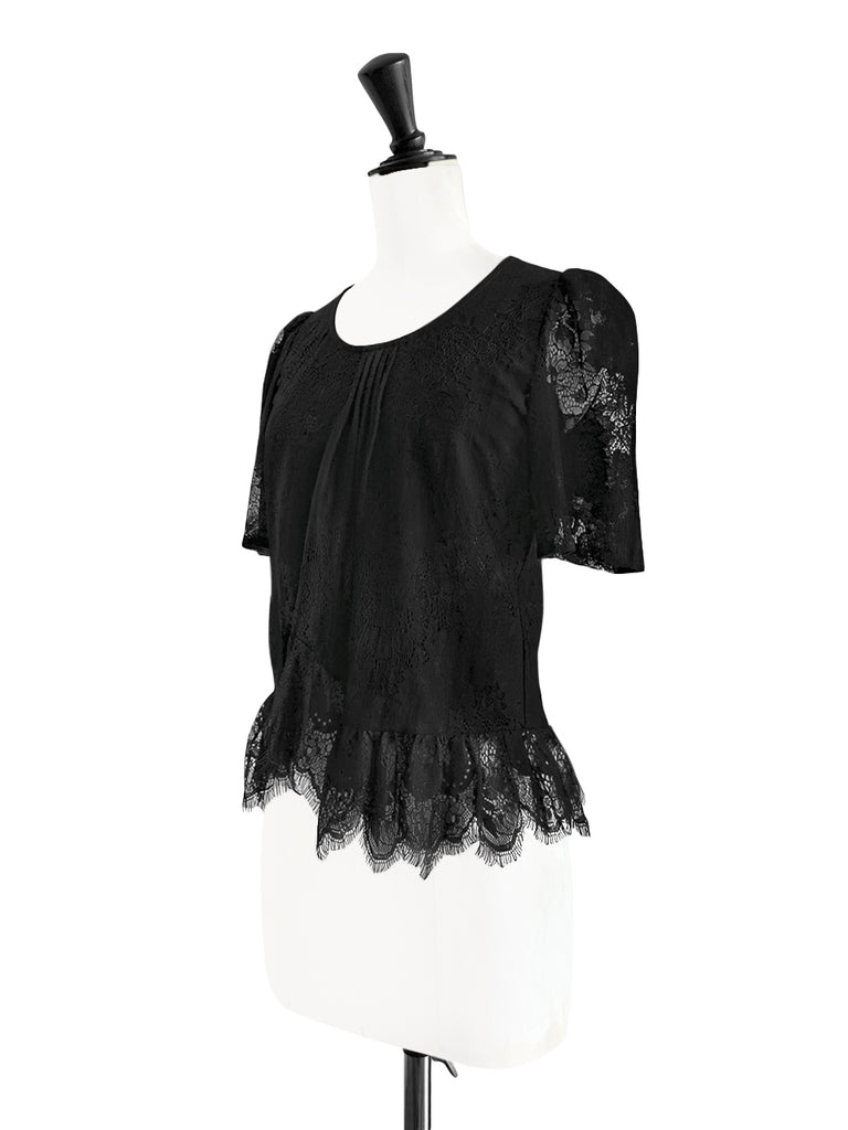 優雅黑色花卉蕾絲褶襉荷葉邊襯衫