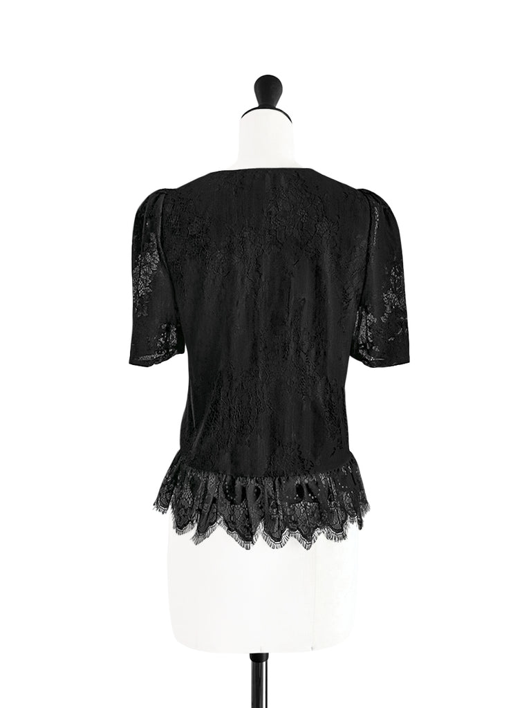 優雅黑色花卉蕾絲褶襉荷葉邊襯衫