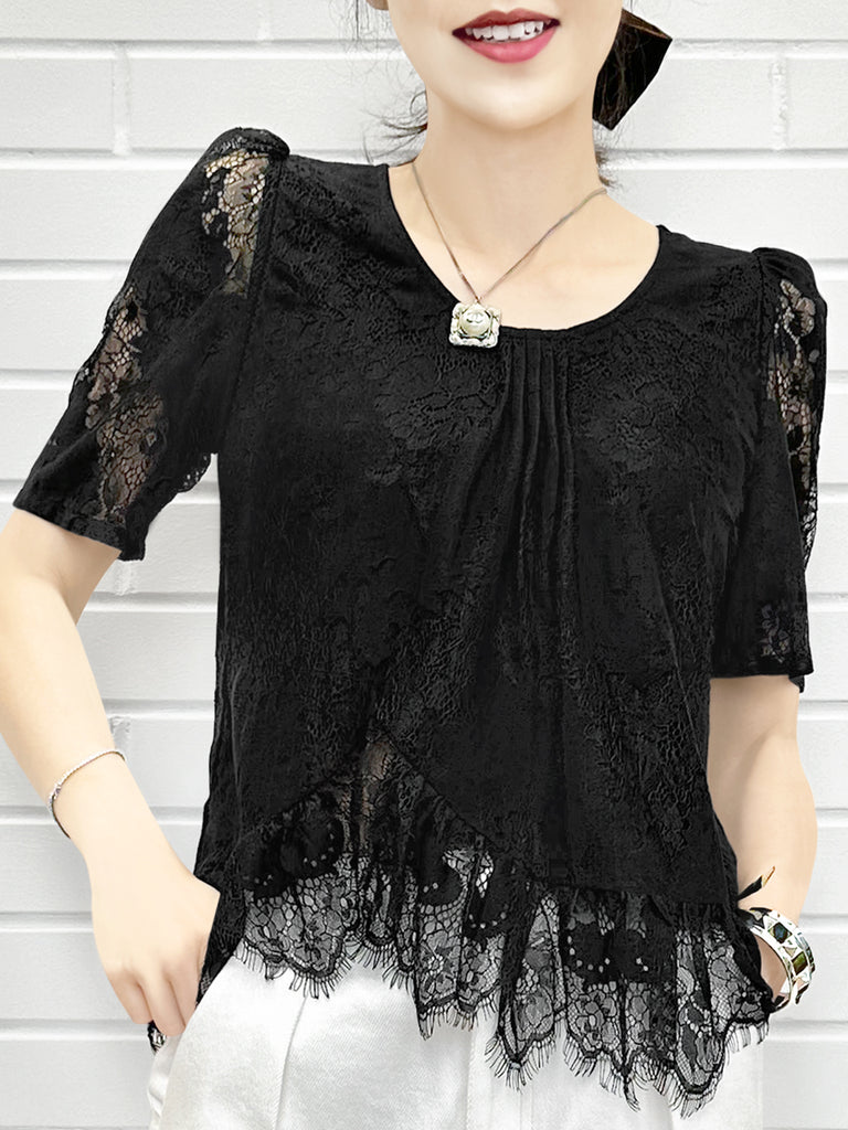 優雅黑色花卉蕾絲褶襉荷葉邊襯衫