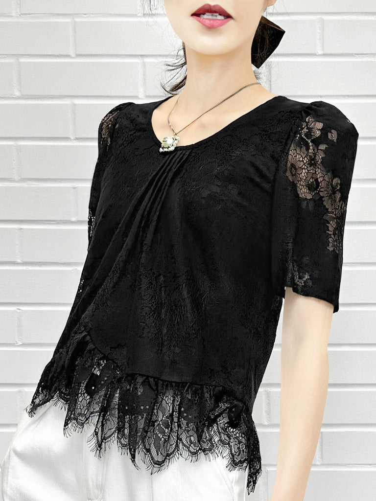 優雅黑色花卉蕾絲褶襉荷葉邊襯衫