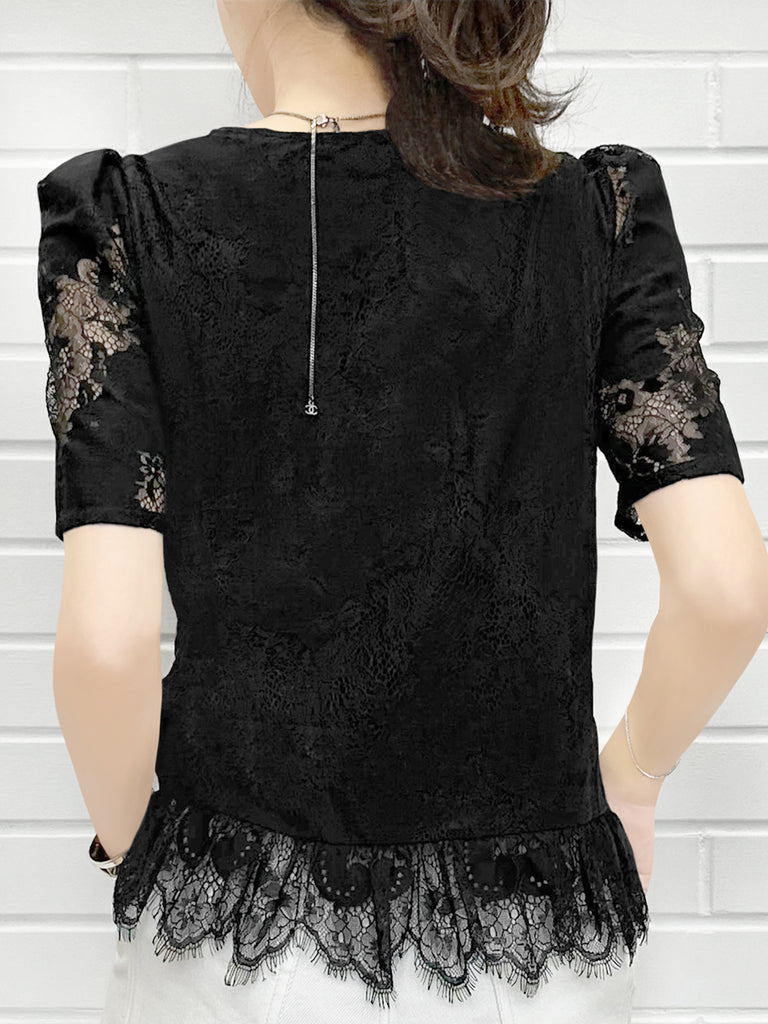 優雅黑色花卉蕾絲褶襉荷葉邊襯衫