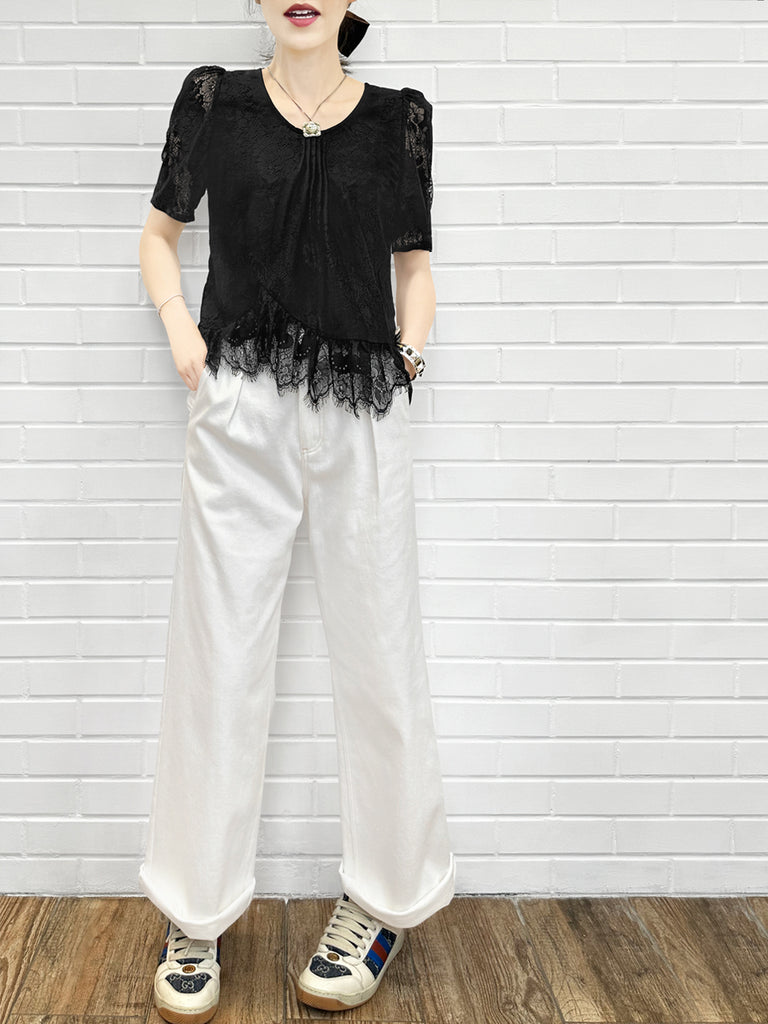 優雅黑色花卉蕾絲褶襉荷葉邊襯衫