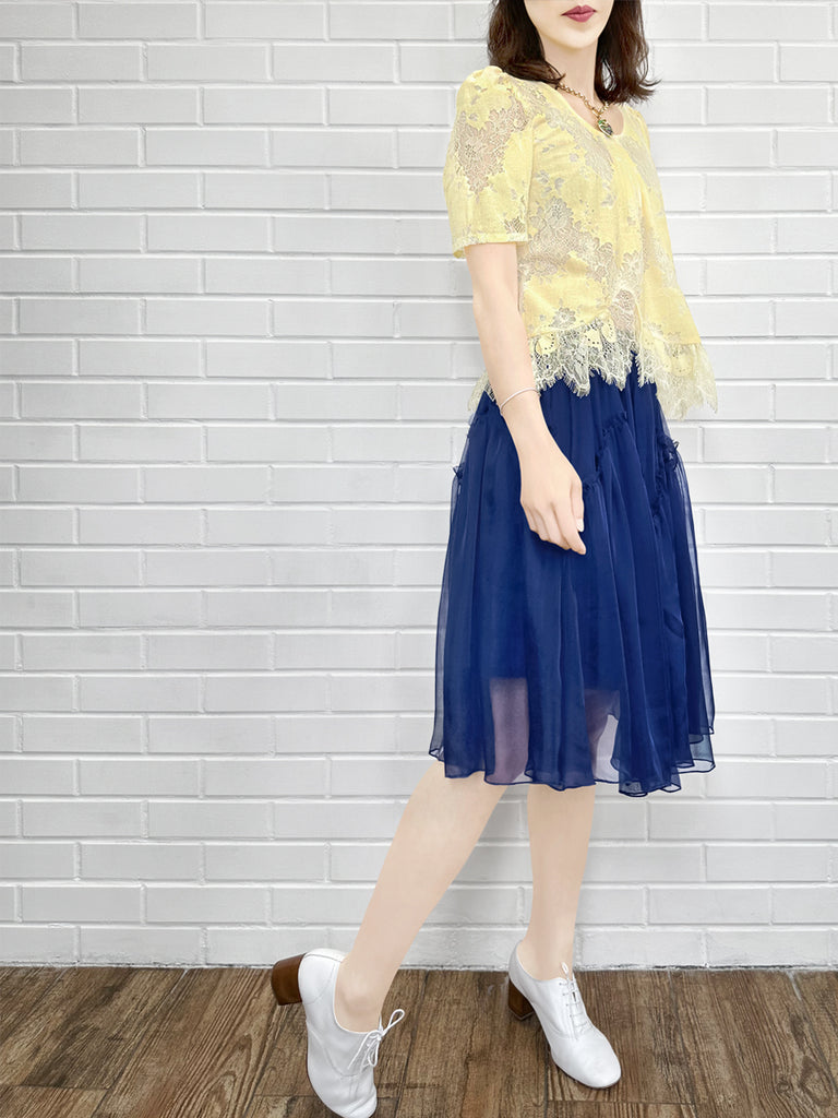 Final Sale! Custard Yellow Floral Lace Pleat Collar Peplum Blouse
