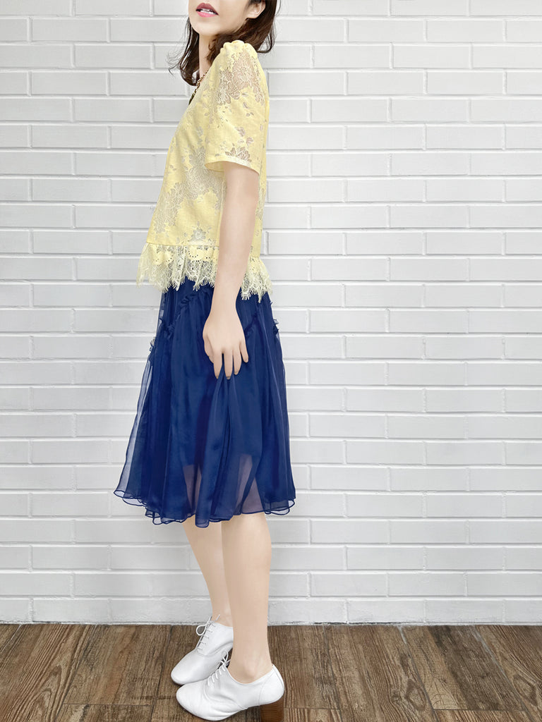 Final Sale! Custard Yellow Floral Lace Pleat Collar Peplum Blouse