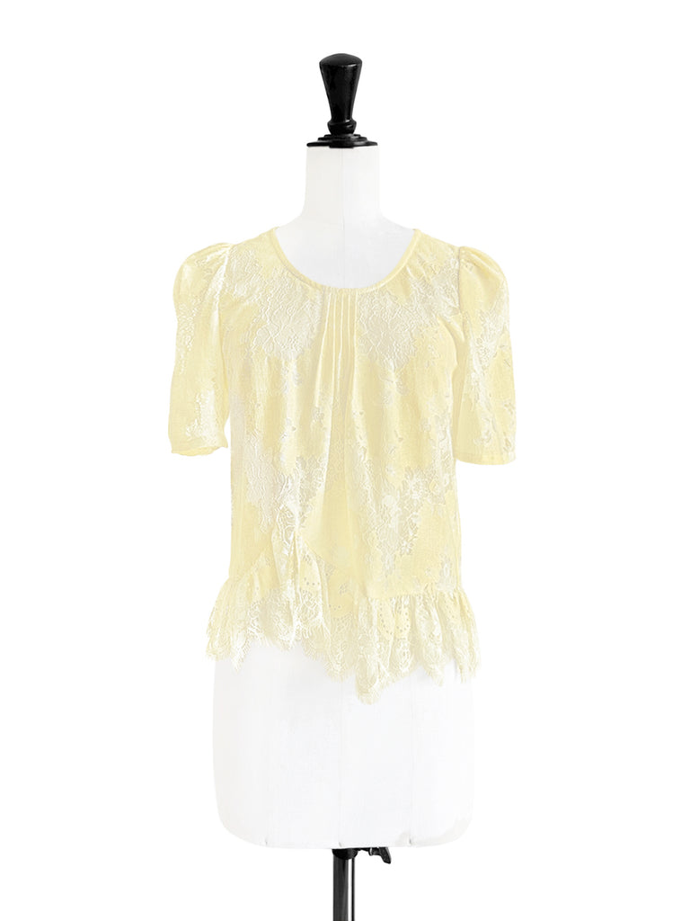 Final Sale! Custard Yellow Floral Lace Pleat Collar Peplum Blouse