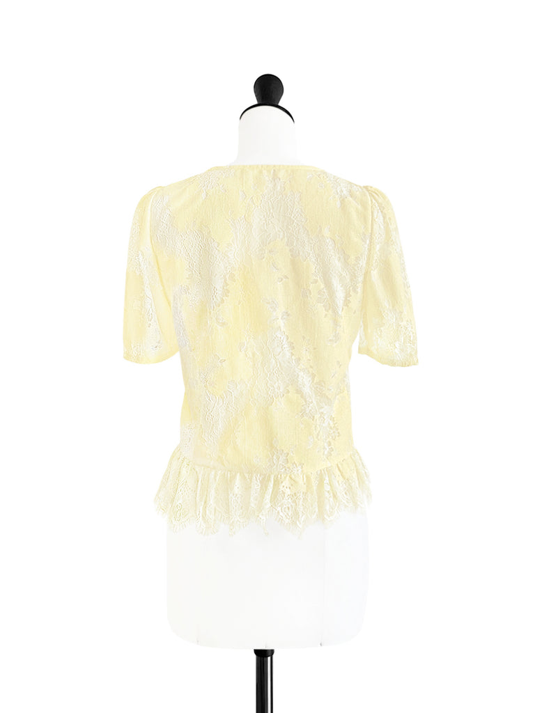 Final Sale! Custard Yellow Floral Lace Pleat Collar Peplum Blouse