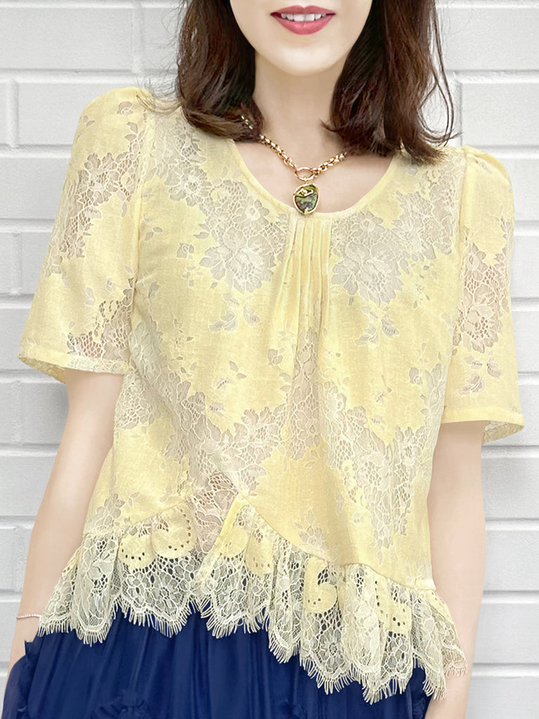 Final Sale! Custard Yellow Floral Lace Pleat Collar Peplum Blouse