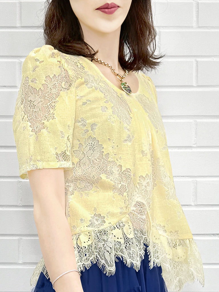 Final Sale! Custard Yellow Floral Lace Pleat Collar Peplum Blouse