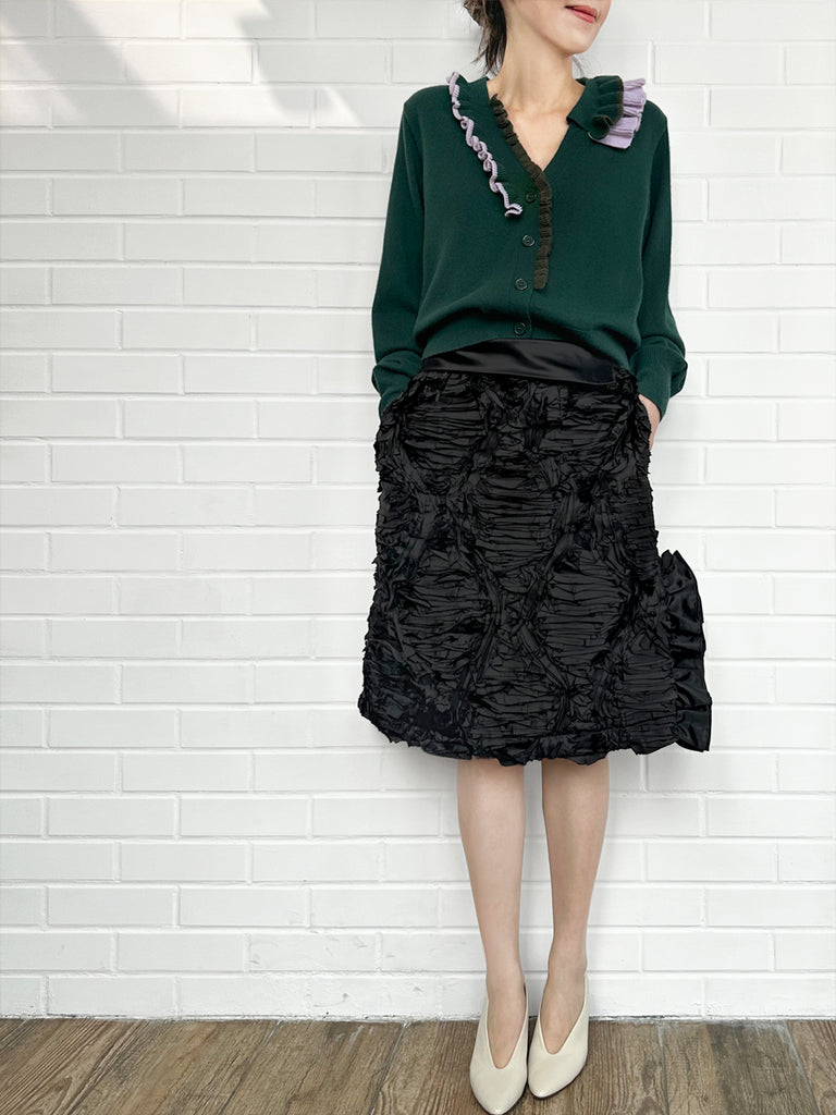 褶皺紋理折疊腰線荷葉邊側開衩A字裙