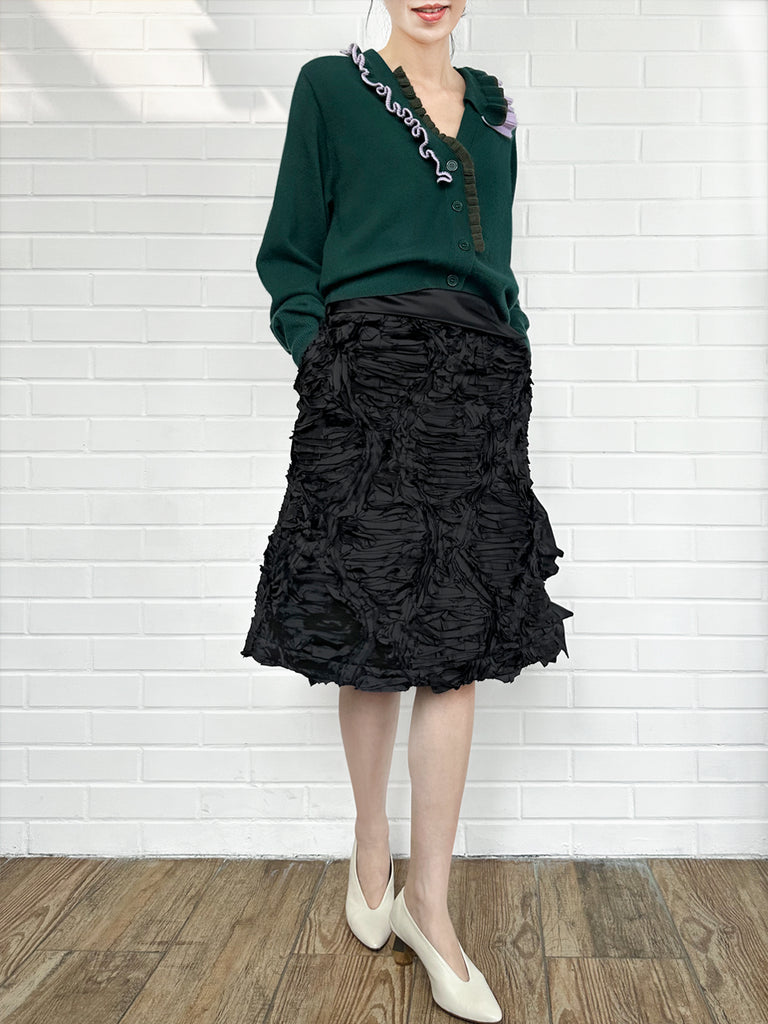 褶皺紋理折疊腰線荷葉邊側開衩A字裙