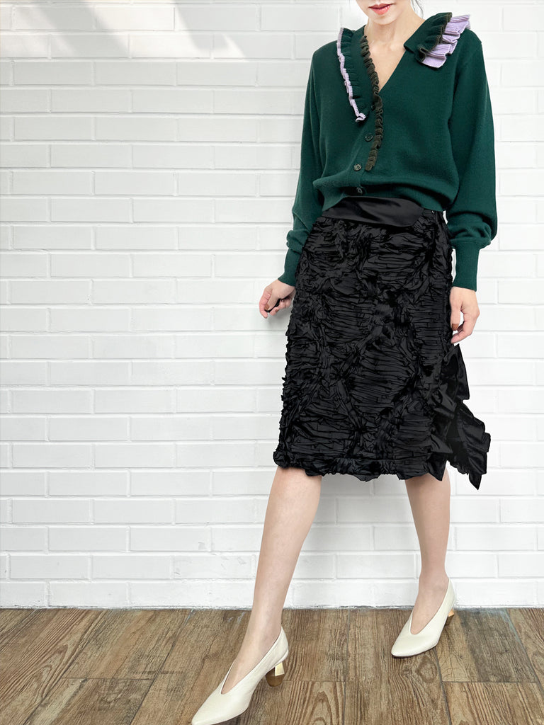 褶皺紋理折疊腰線荷葉邊側開衩A字裙