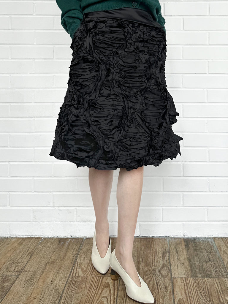 褶皺紋理折疊腰線荷葉邊側開衩A字裙