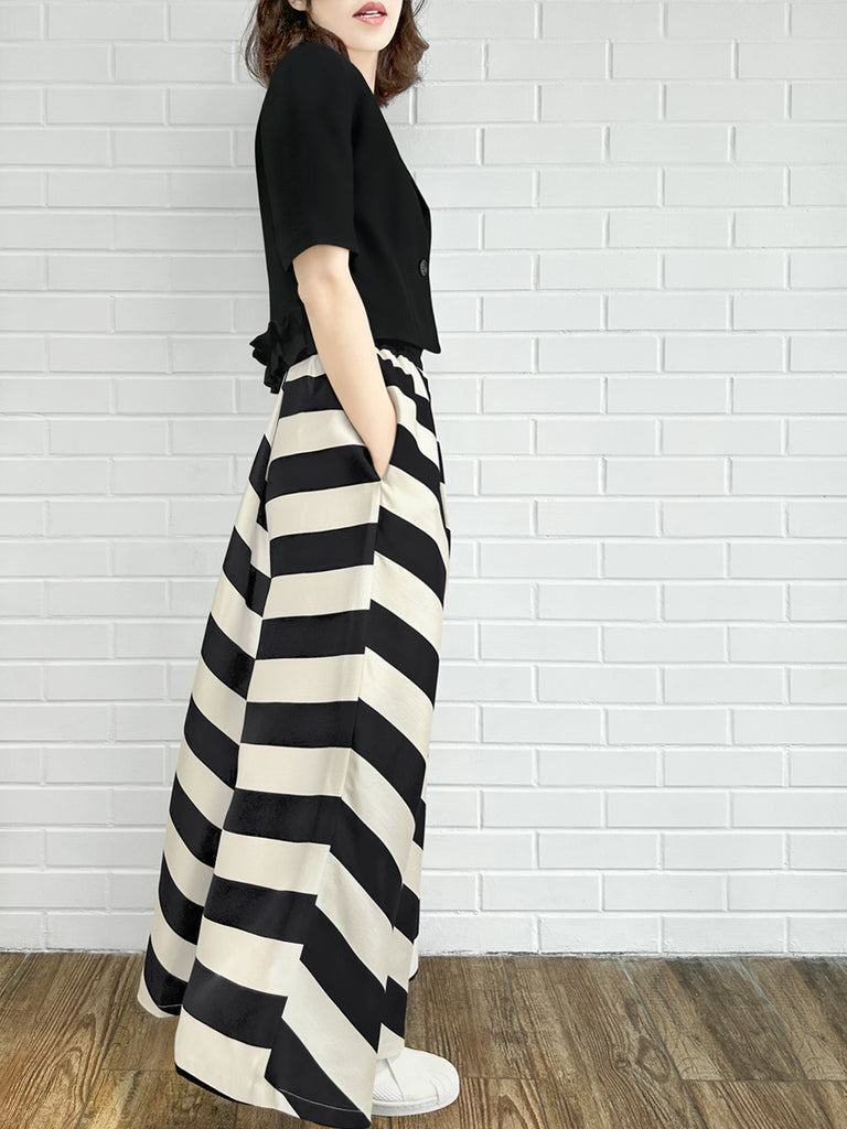 經典黑色荷葉邊細部強肩短版西裝外套