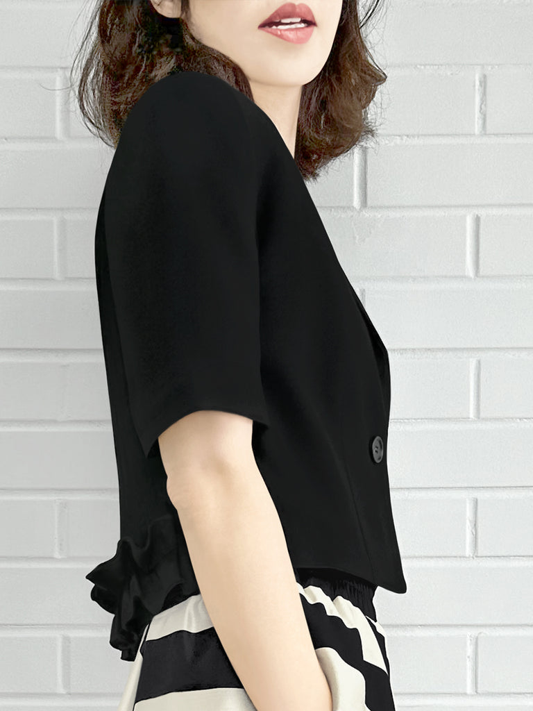 經典黑色荷葉邊細部強肩短版西裝外套