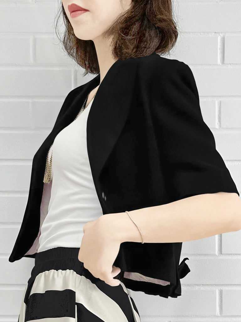 經典黑色荷葉邊細部強肩短版西裝外套