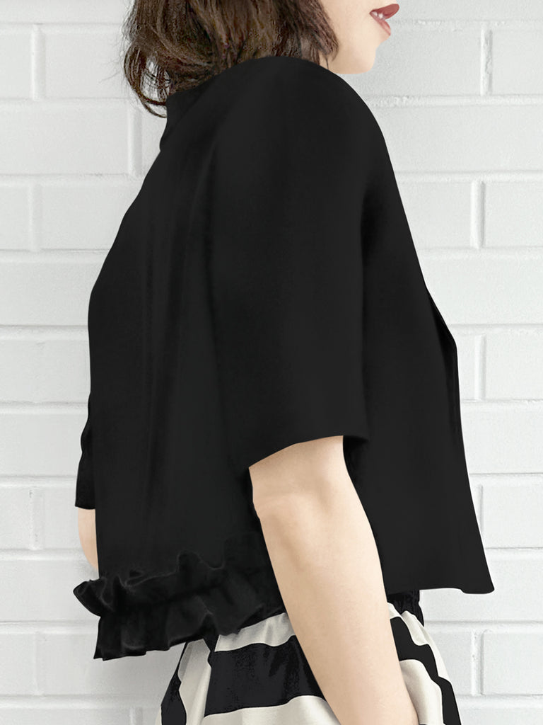 經典黑色荷葉邊細部強肩短版西裝外套