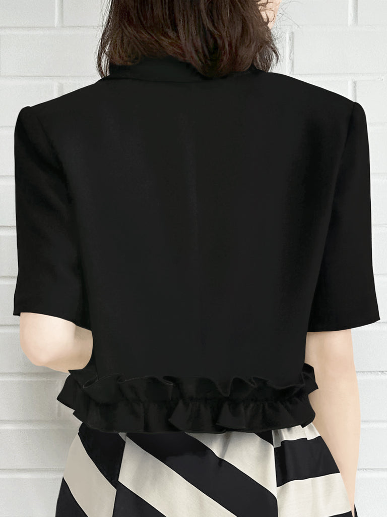 經典黑色荷葉邊細部強肩短版西裝外套