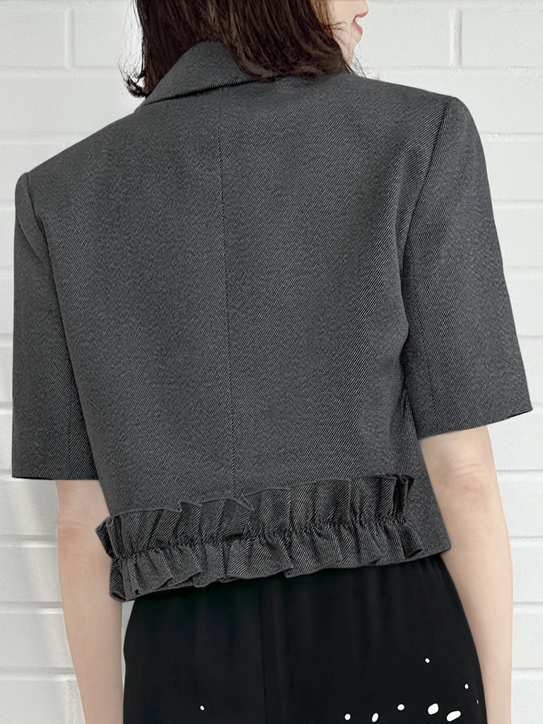 黑色荷葉邊細部強肩短版牛仔西裝外套